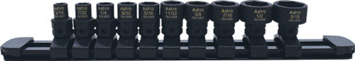 Astro Pneumatic 78110 10-Pc 1/4" Drive 6-Pt. SAE Low Profile Nano Impact Socket Set on a Rail, 3/16"-9/16", 11MM Outside Hex - MPR Tools & Equipment