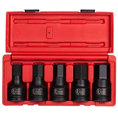 Sunex 4506. 3/4 Inch Drive Impact Hex Driver Set. 5-Pieces. SAE. 3/4" - 1-1/4". Cr-Mo Steel. Solid One Piece Construction. Dual Size Markings. Heavy Duty Storage Case