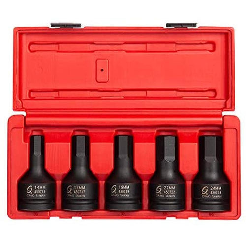 Sunex 4507. 3/4 Inch Drive Impact Hex Driver Set. 5-Piece. Metric. 14mm-24mm. Cr-Mo Steel. Dual Size Markings. Heavy Duty Storage Case