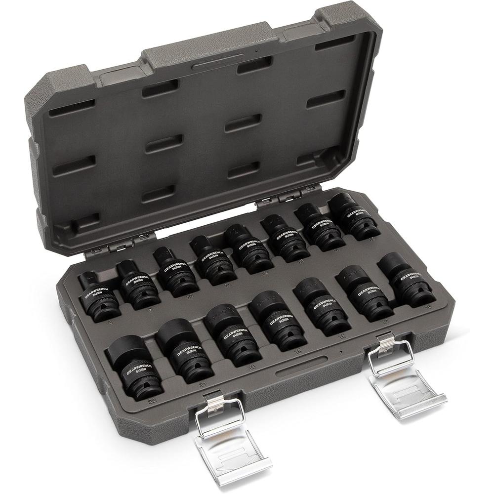 Gearwrench Socket Set With Sae and Metric Shallow and Deep Sockets Laid Out in a Molded Storage Case