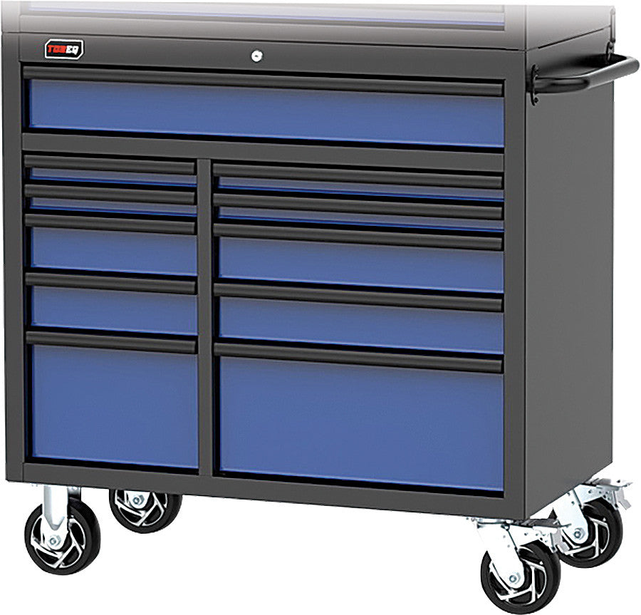 TOBEQ RCBT411121BLBK 41" HD Series 11-Drawer Rolling Cabinet in Blue/Black with heavy-duty casters