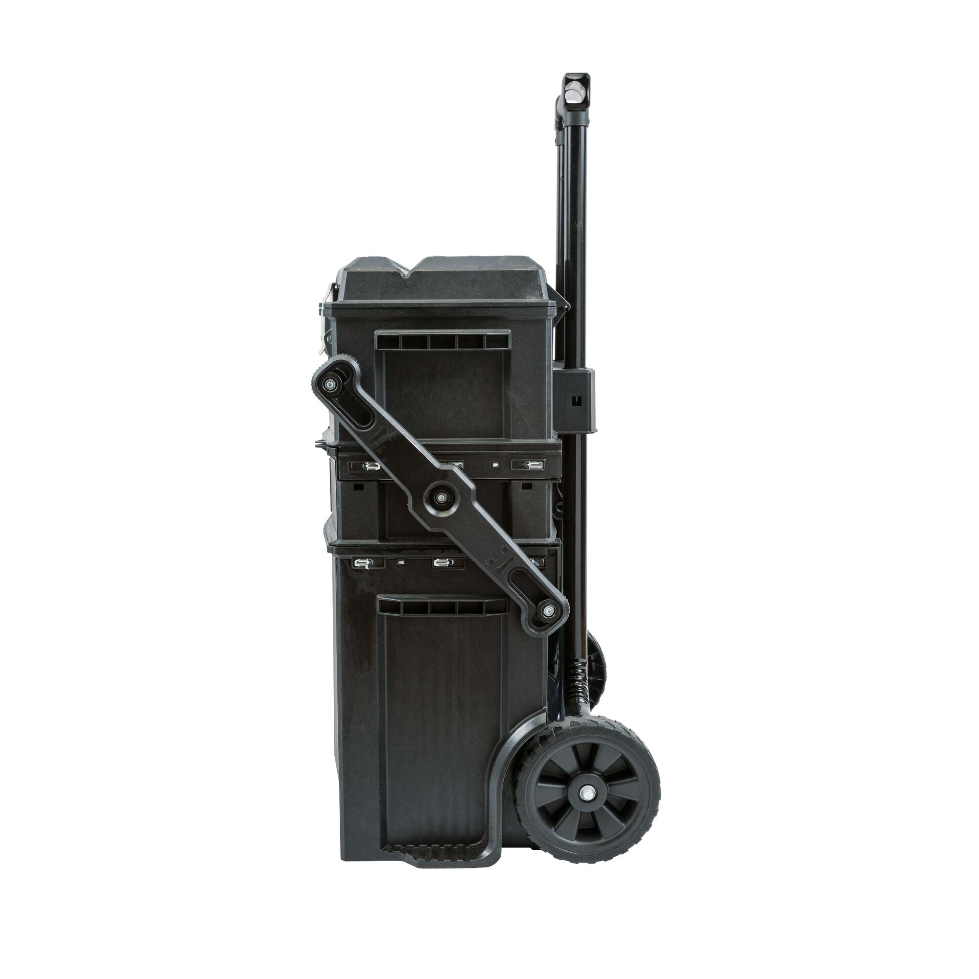 Stanley Tools 020800R FATMAX 4-in-1 Mobile Work Station - side view showing cantilever mechanism and 7-inch wheel