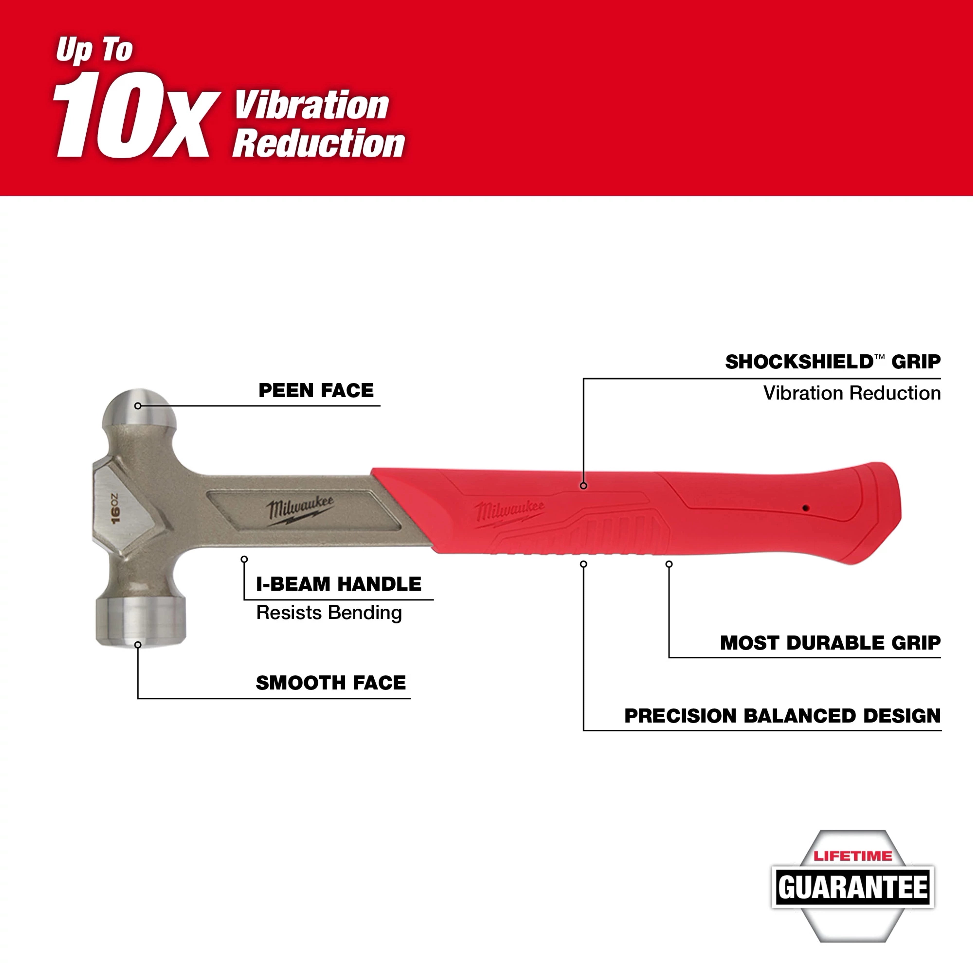 Milwaukee Tool 48-22-9130 16oz Steel Ball Peen Hammer feature callout diagram showing SHOCKSHIELD Grip, I-Beam Handle, Peen Face, Smooth Face, and up to 10x vibration reduction