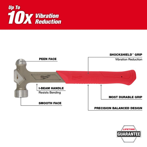 Milwaukee Tool 48-22-9130 16oz Steel Ball Peen Hammer feature callout diagram showing SHOCKSHIELD Grip, I-Beam Handle, Peen Face, Smooth Face, and up to 10x vibration reduction