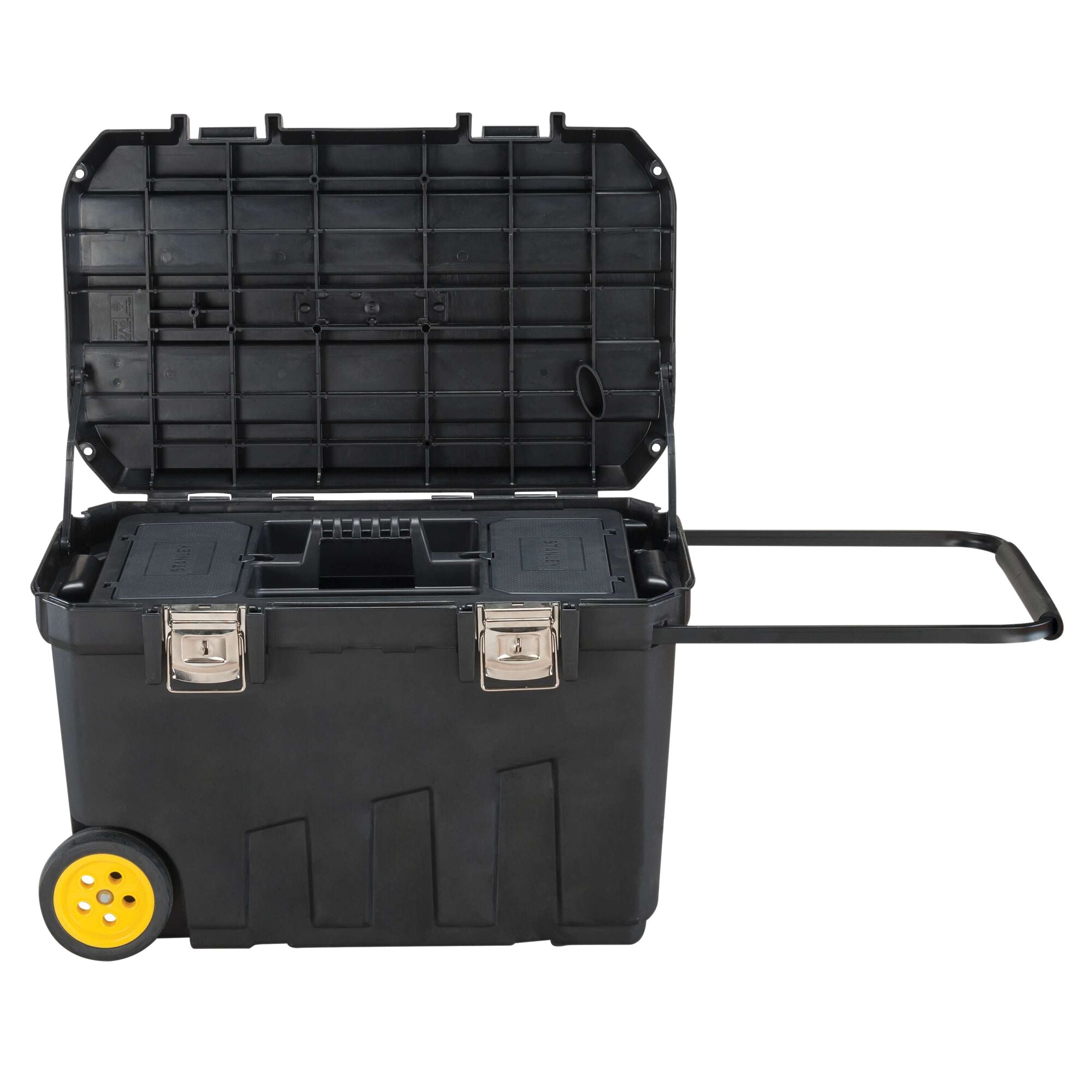 Stanley Tools 029025R 24 Gallon Mobile Tool Chest open, showing tote tray, heavy-duty metal latches, pull-out steel handle, and large yellow wheels