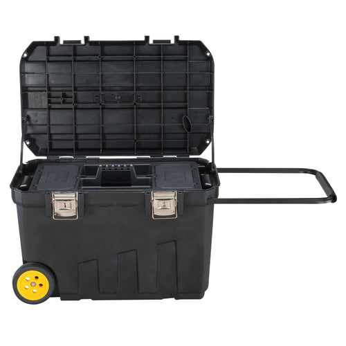 Stanley Tools 029025R 24 Gallon Mobile Tool Chest open, showing tote tray, heavy-duty metal latches, pull-out steel handle, and large yellow wheels