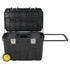 Stanley Tools 029025R 24 Gallon Mobile Tool Chest open, showing tote tray, heavy-duty metal latches, pull-out steel handle, and large yellow wheels