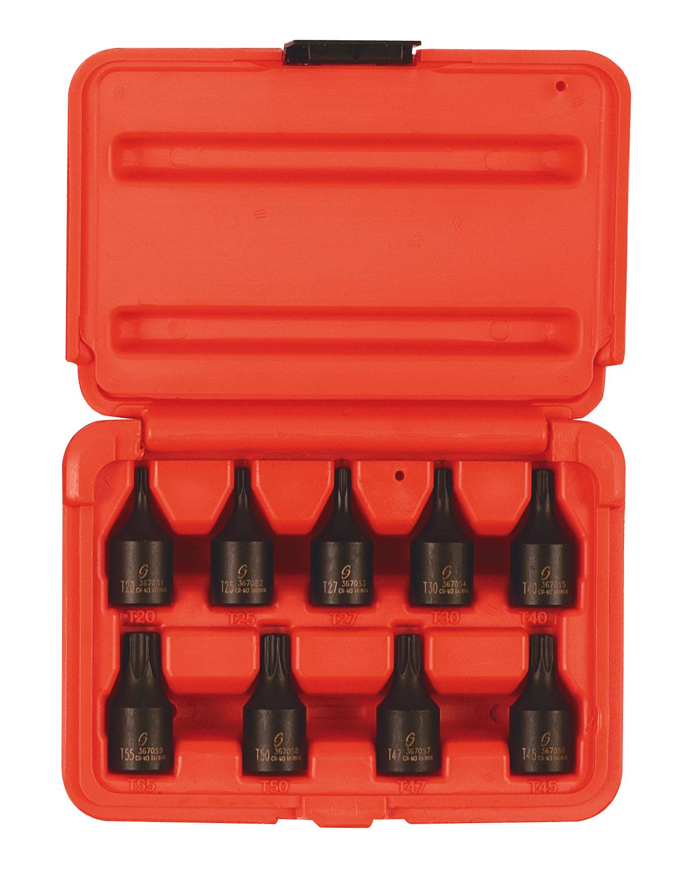 Sunex Tools 3670S 3/8" Drive 9-Piece Star Impact Bit Socket Set T20-T55 in red storage case