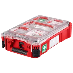 Milwaukee Tool PACKOUT First Aid Kit Type II closed with transparent lid and first aid sticker