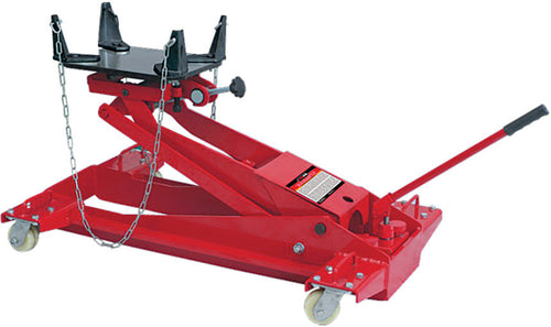 TOBEQ TBQ-TJ02000 2-Ton Low Profile Transmission Jack 8-1/4 to 37-3/8 Inch - red hydraulic scissor jack with safety chains and adjustable saddle on caster wheels