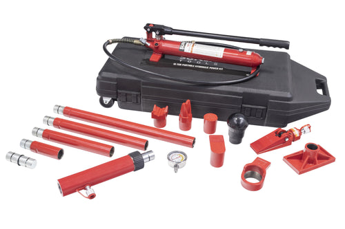 Sunex Tools 4910B 10 Ton Portable Hydraulic Power Kit components spread out in front of blow-molded carry case