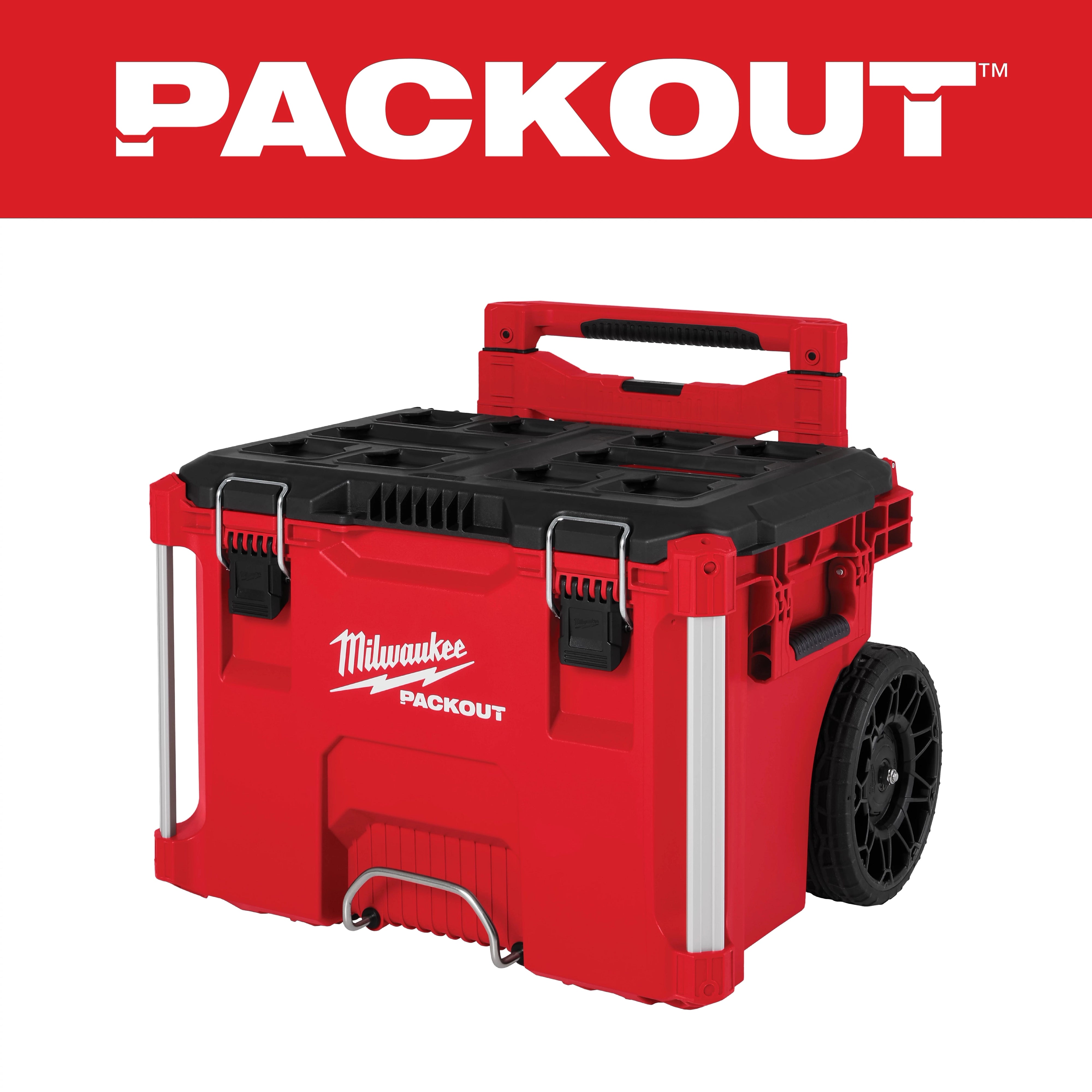 Milwaukee Tool 48-22-8427 PACKOUT Rolling Tool Box in red with collapsible handle and all-terrain wheels