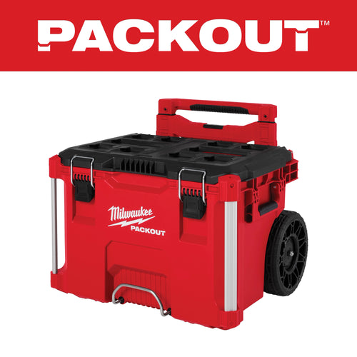Milwaukee Tool 48-22-8427 PACKOUT Rolling Tool Box in red with collapsible handle and all-terrain wheels