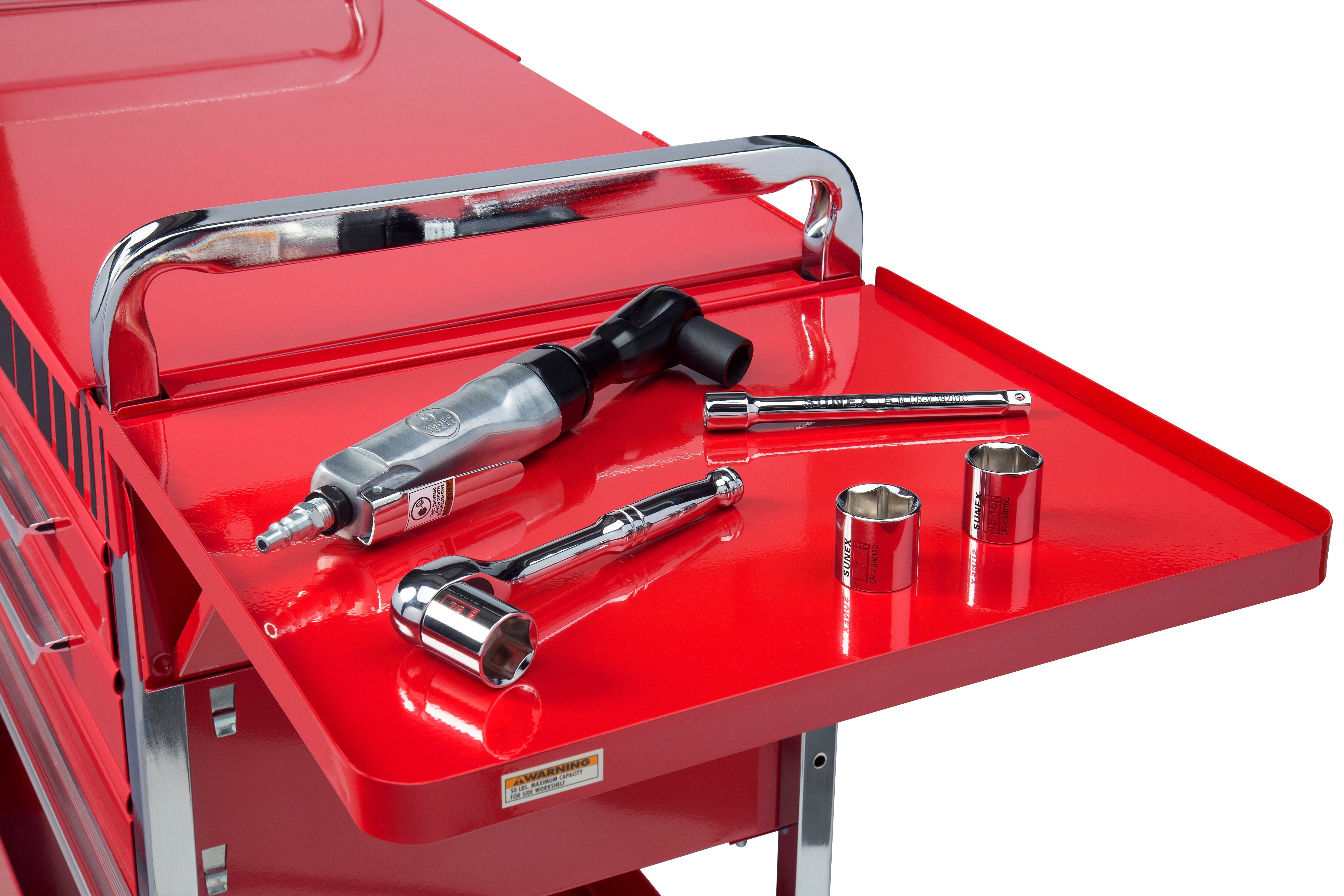 Sunex Tools 8013ADELUXE Deluxe Service Cart - Side Shelf Workspace Detail with Tools
