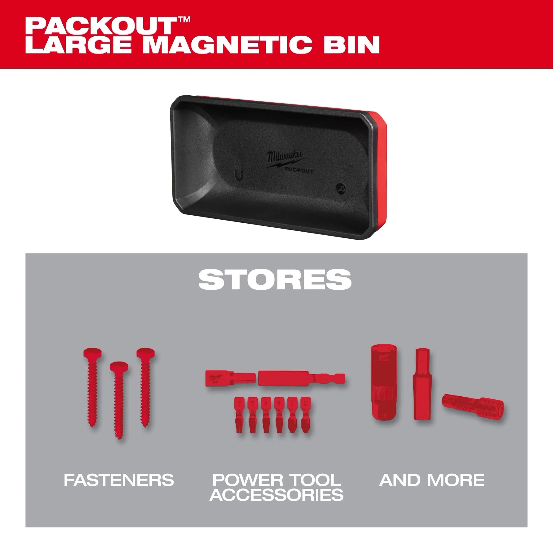Milwaukee Tool PACKOUT Large Magnetic Bin - stores fasteners, power tool accessories and more infographic