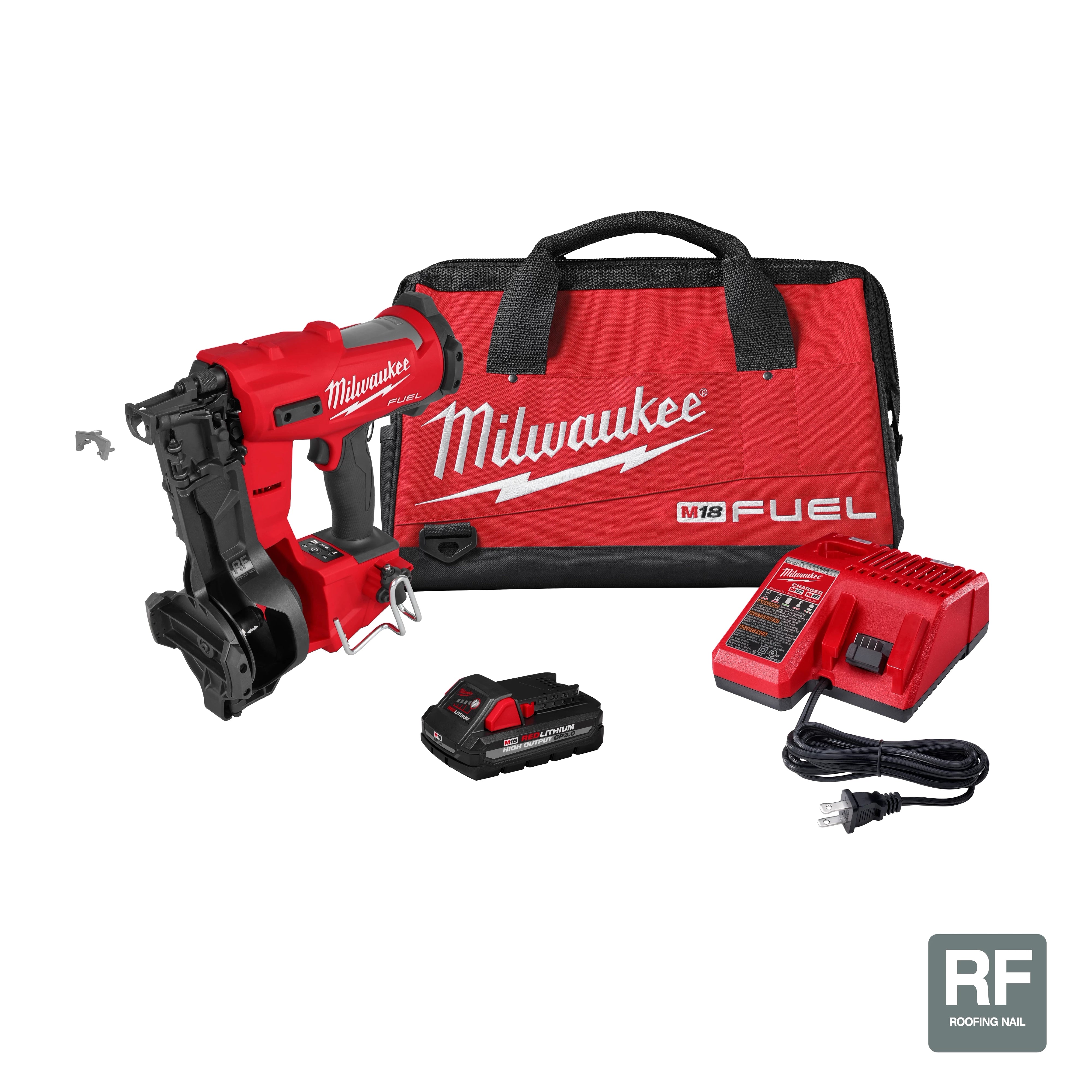 Milwaukee Tool 2909-21 M18 FUEL Coil Roofing Nailer Kit with M18 REDLITHIUM CP3.0 battery, charger, and contractor bag