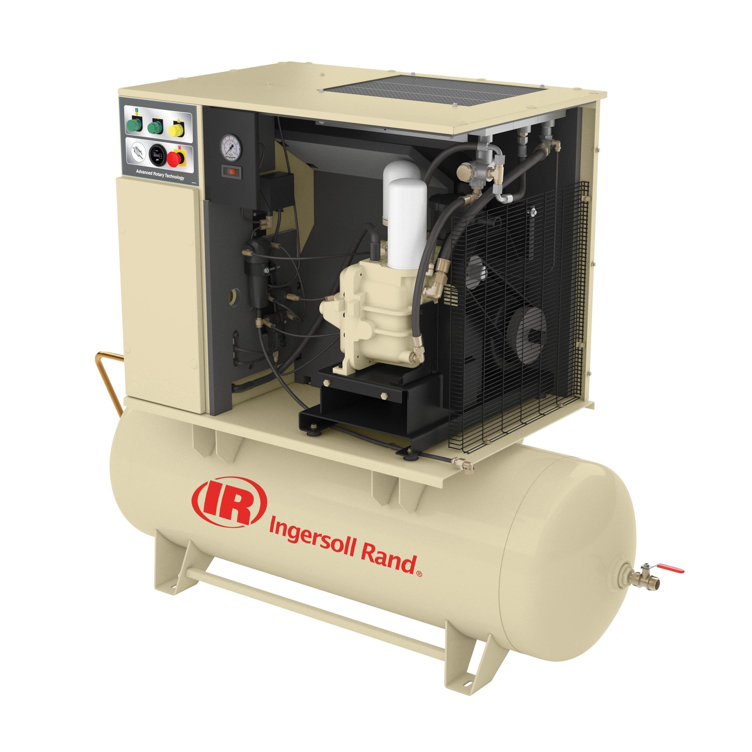 Ingersoll Rand UP6-10-150 Rotary Screw Compressor, open panel view showing internal rotary screw and cooler components