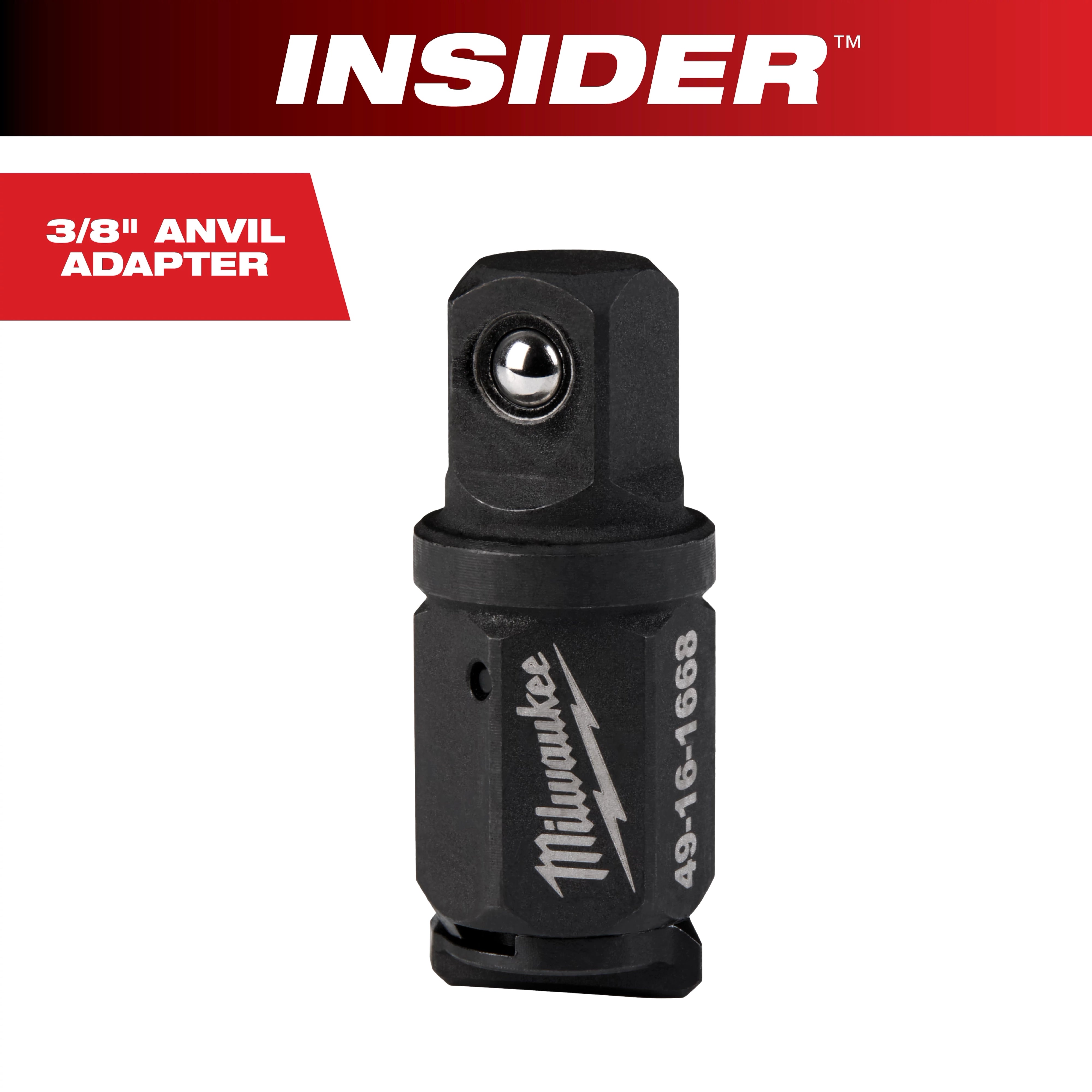 Milwaukee Tool 49-16-1668 INSIDER Box Ratchet 3/8" Anvil Adapter in black with ball detent and laser-etched part number