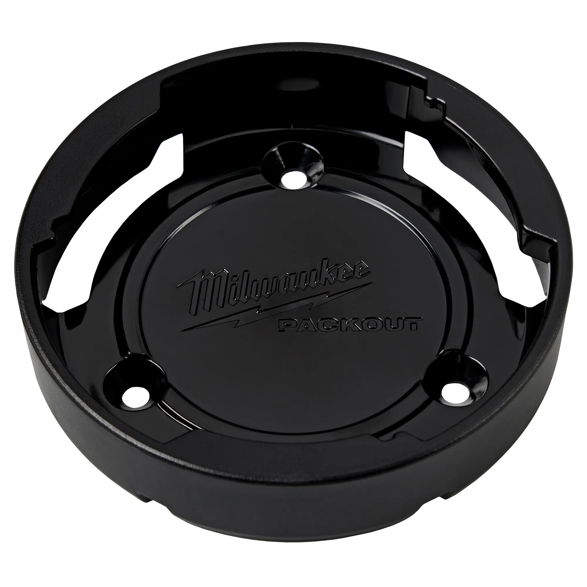 Milwaukee Tool 48-22-8399X PACKOUT Twist to Lock Mount, black circular plastic mount with embossed Milwaukee PACKOUT logo and 3 fastener mounting holes