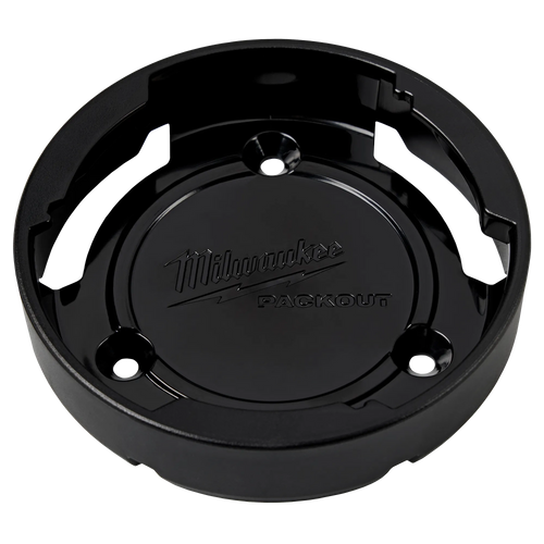 Milwaukee Tool 48-22-8399X PACKOUT Twist to Lock Mount, black circular plastic mount with embossed Milwaukee PACKOUT logo and 3 fastener mounting holes