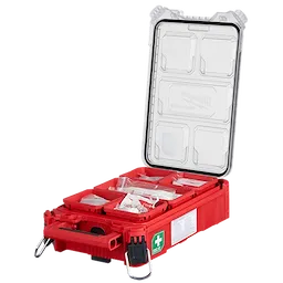 Milwaukee Tool PACKOUT First Aid Kit Type II open showing full contents and compartments