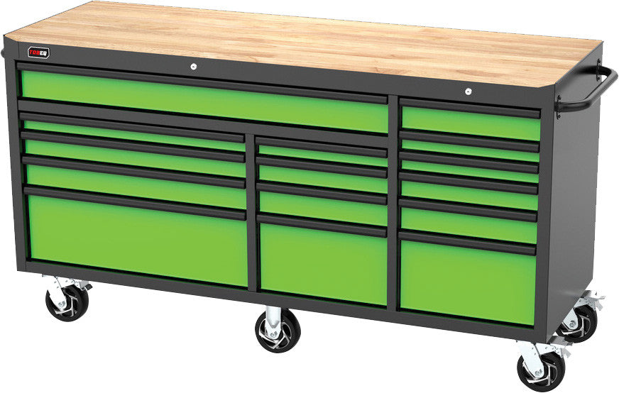 TOBEQ RCBT721524LGBK 72" 15-Drawer Roller Cabinet Lime Green Black - Front View