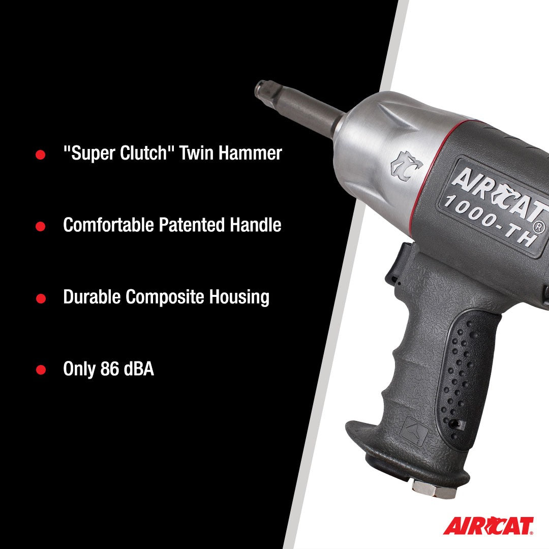 Aircat 1000-TH key features: Super Clutch Twin Hammer, Comfortable Patented Handle, Durable Composite Housing, 86 dBA noise level