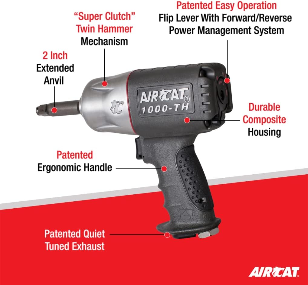 Aircat 1000-TH feature callout diagram highlighting Super Clutch Twin Hammer, 2 In. Extended Anvil, Ergonomic Handle, Composite Housing, and Flip Lever system
