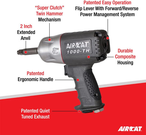 Aircat 1000-TH feature callout diagram highlighting Super Clutch Twin Hammer, 2 In. Extended Anvil, Ergonomic Handle, Composite Housing, and Flip Lever system