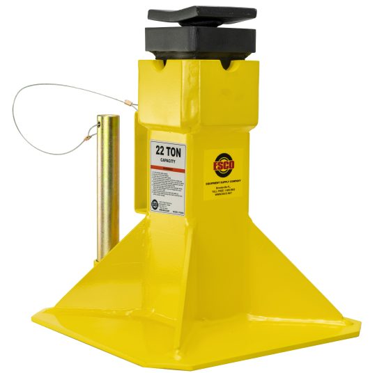 ESCO 10456 22-Ton Jack Stand showing capacity label, screw saddle top, and tethered locking pin
