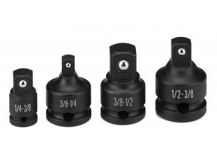 Grey Pneumatic 104A 4-Piece Friction Ball Impact Adapter Set showing four black impact adapters labeled 1/4-3/8, 3/8-1/4, 3/8-1/2, and 1/2-3/8