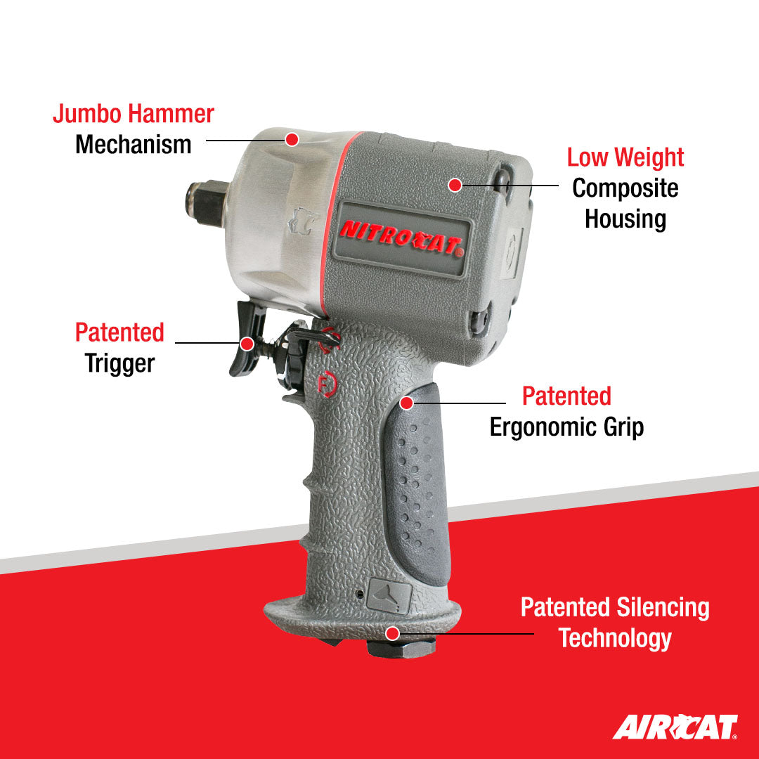 Aircat 1056-XL NITROCAT Impact Wrench - feature callout diagram showing jumbo hammer mechanism, low weight composite housing, patented trigger and ergonomic grip