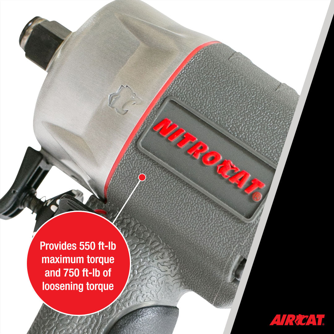 Aircat 1056-XL NITROCAT Impact Wrench - close-up callout showing 550 ft-lb max torque and 750 ft-lb loosening torque