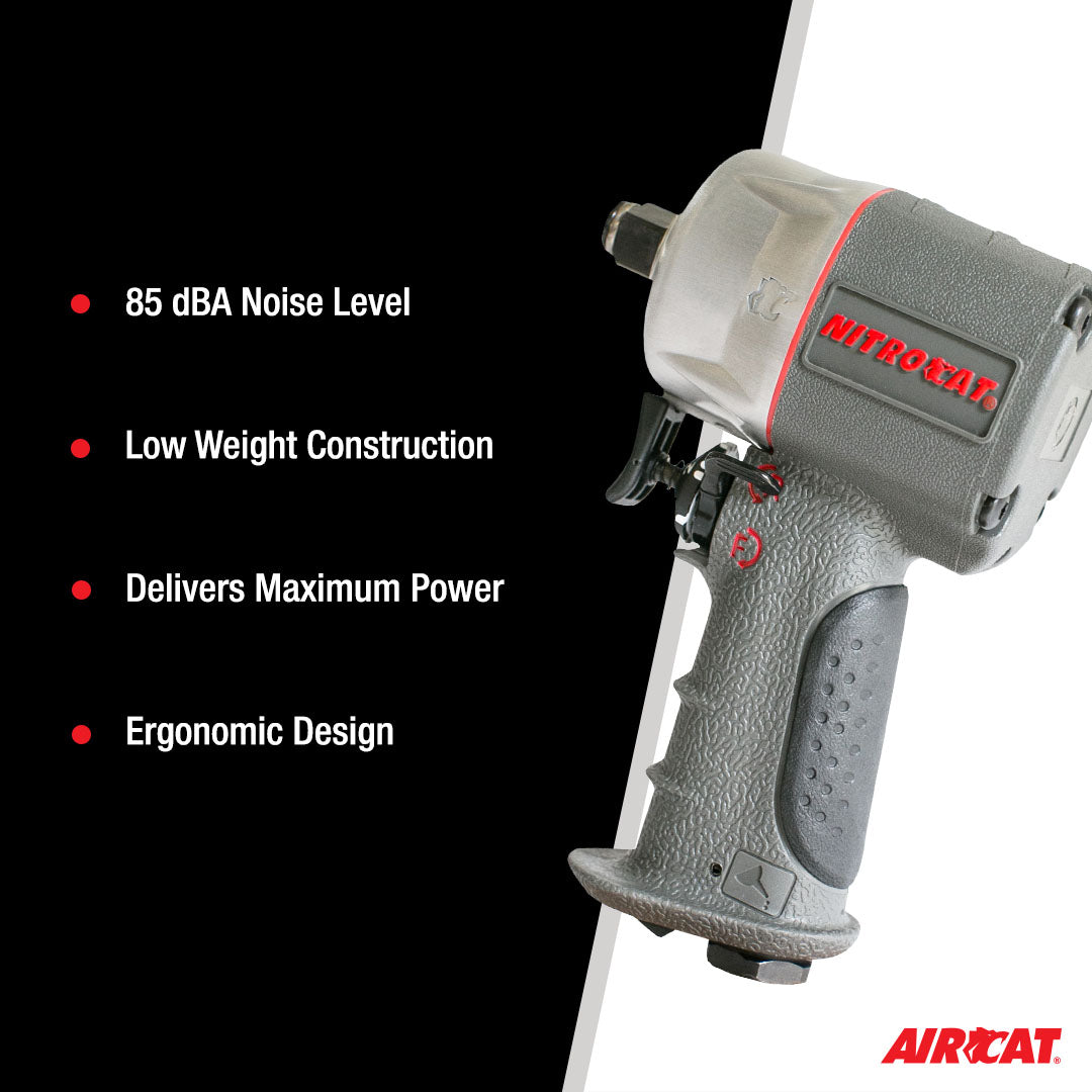 Aircat 1056-XL NITROCAT Impact Wrench - key features infographic: 85 dBA noise level, low weight construction, maximum power, ergonomic design