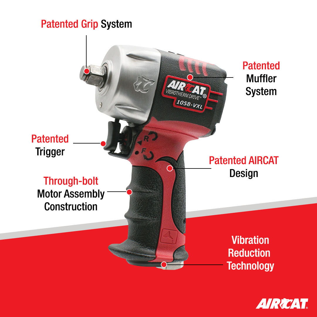 Aircat 1058-VXL feature callout diagram showing Patented Grip System, Muffler System, Trigger, AIRCAT Design, Through-bolt Motor Assembly, and Vibration Reduction Technology