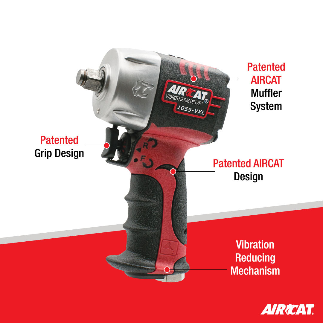 Aircat 1059-VXL Impact Wrench diagram callouts: AIRCAT Muffler System, Patented Grip Design, Patented AIRCAT Design, Vibration Reducing Mechanism