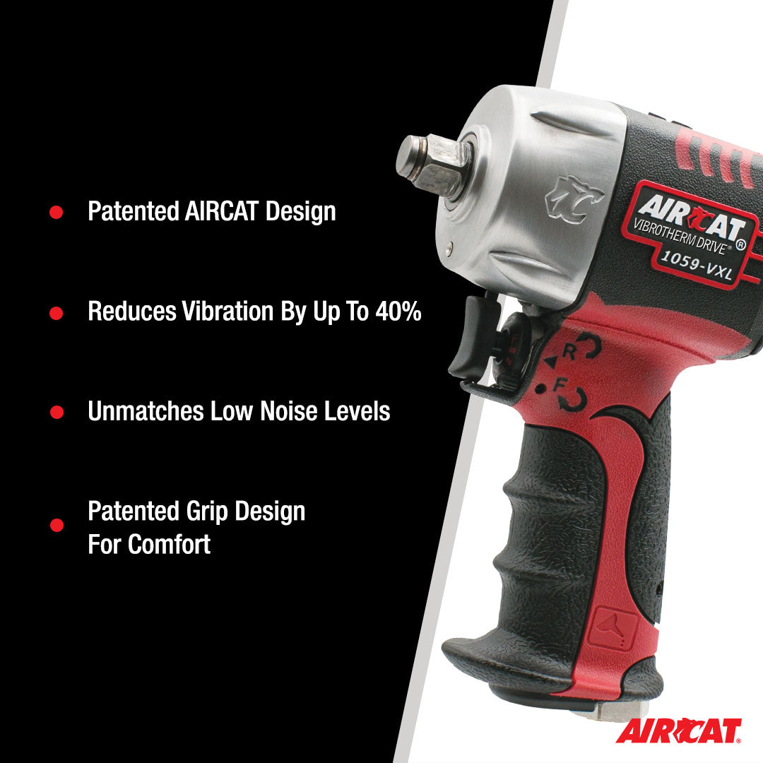 Aircat 1059-VXL Impact Wrench feature highlights: patented design, up to 40% vibration reduction, low noise levels, ergonomic grip