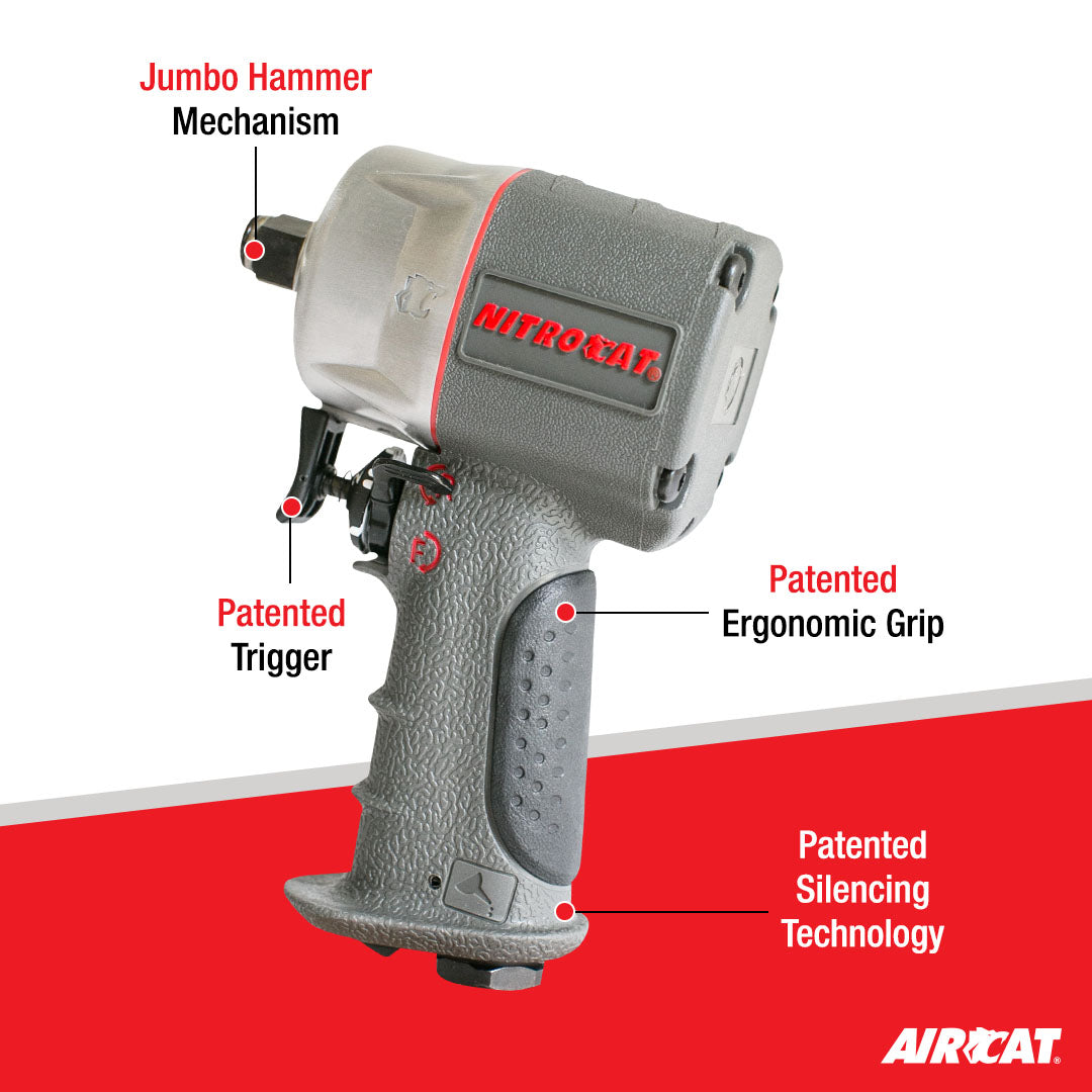 Aircat 1076-XL NITROCAT 3/8" Compact Impact Wrench - feature callout diagram: jumbo hammer, patented trigger, ergonomic grip, silencing technology