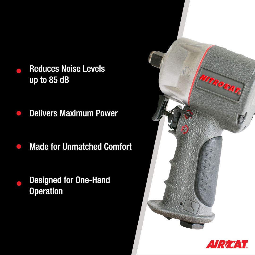 Aircat 1076-XL NITROCAT 3/8" Compact Impact Wrench - key features infographic: 85 dB, max power, comfort, one-hand operation