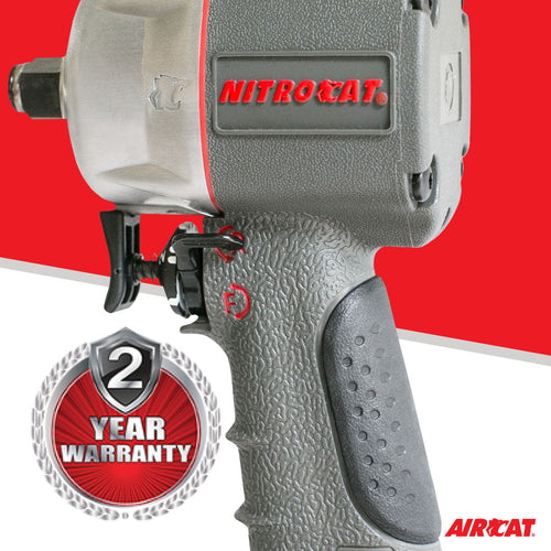 Aircat 1076-XL NITROCAT 3/8" Compact Impact Wrench - close-up with 2-Year Warranty badge