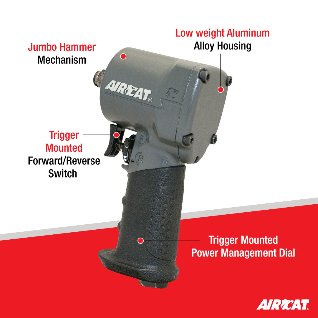 Aircat 1077-TH feature callout diagram showing jumbo hammer mechanism, aluminum alloy housing, trigger-mounted forward/reverse switch and power management dial