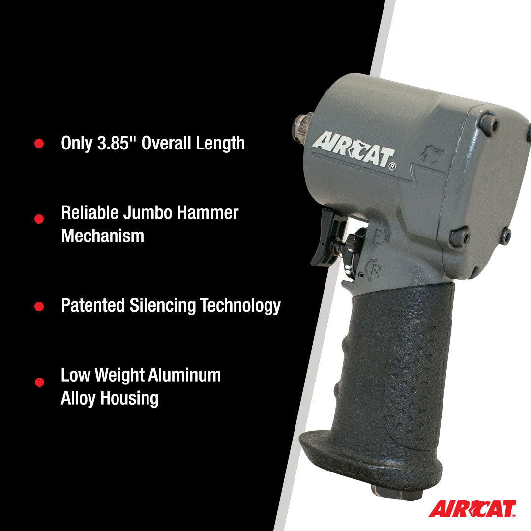 Aircat 1077-TH feature highlights: 3.85" overall length, jumbo hammer, silencing tech, aluminum alloy housing