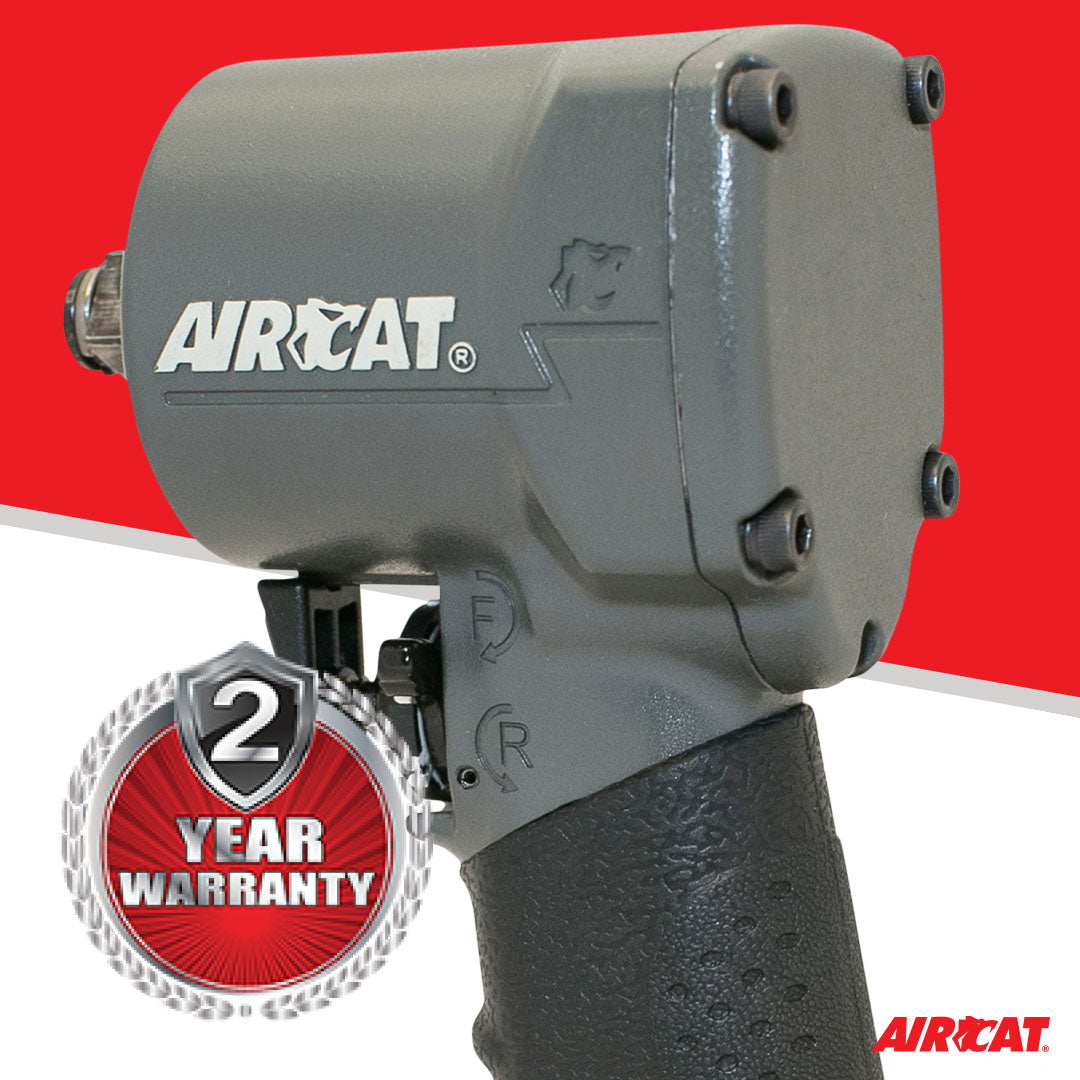 Aircat 1077-TH Stubby Impact Wrench close-up with 2 Year Warranty badge
