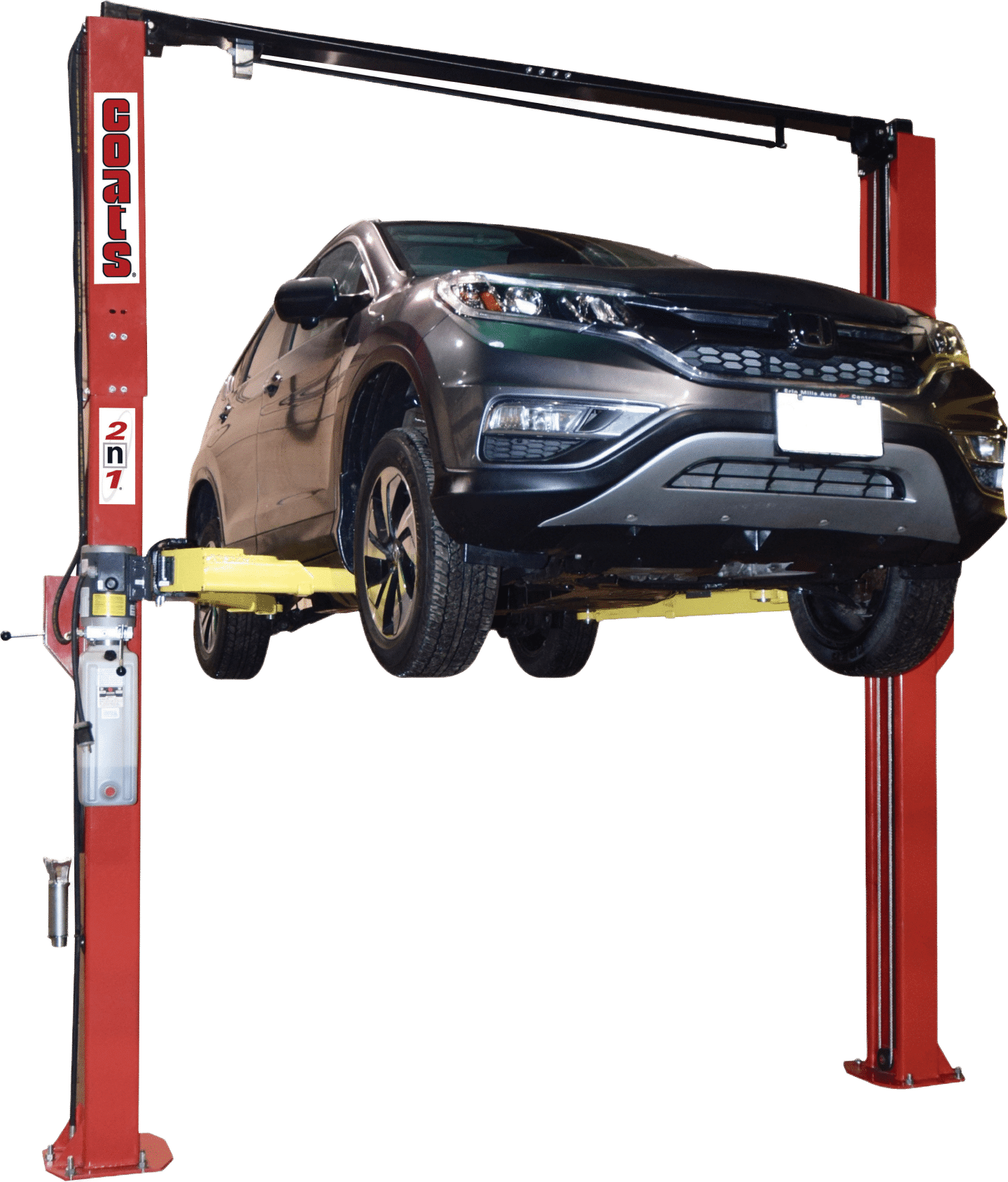 Coats 4TV21NSB1 2N1 Two-Post Vehicle Lift full view with raised SUV on yellow lifting arms