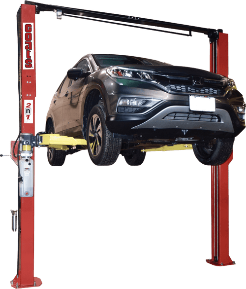Coats 2N1 Two Post Lift full view with gray Honda CR-V raised, side angle