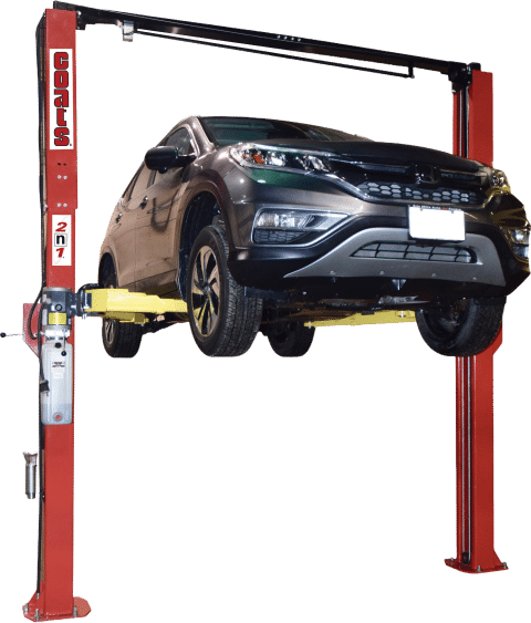 Coats 10,000 Lb 2N1 Two Post Lift with gray Honda CR-V raised, front view