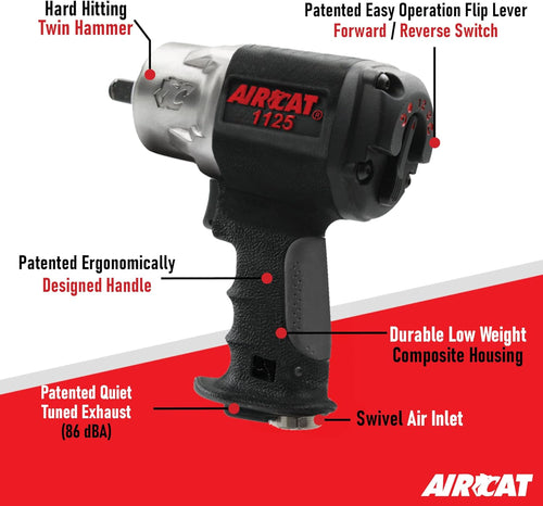 Aircat 1125 feature callout infographic highlighting twin hammer, flip lever, ergonomic handle, composite housing, and quiet tuned exhaust