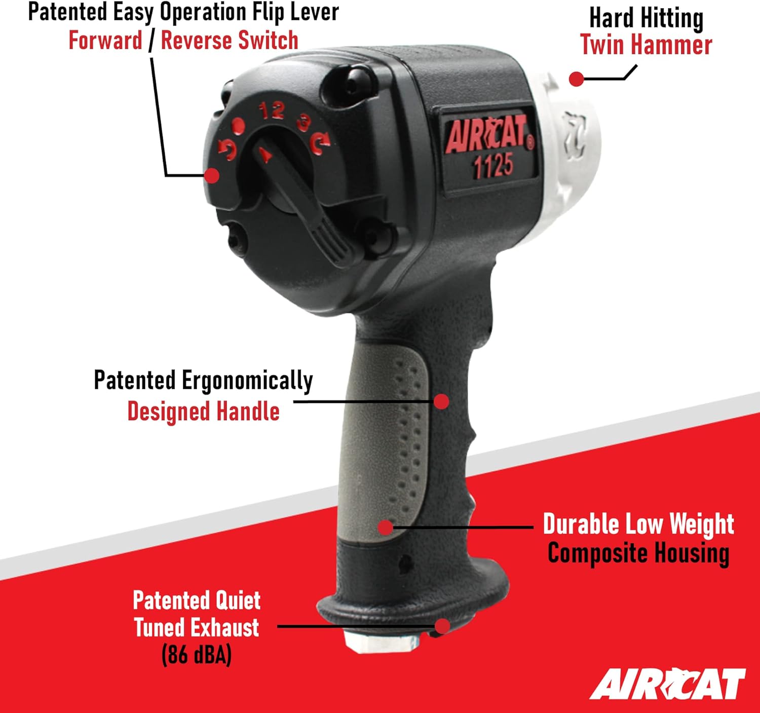 Aircat 1125 rear-angle feature callout showing flip lever forward/reverse switch, twin hammer, ergonomic handle, composite housing, and quiet tuned exhaust