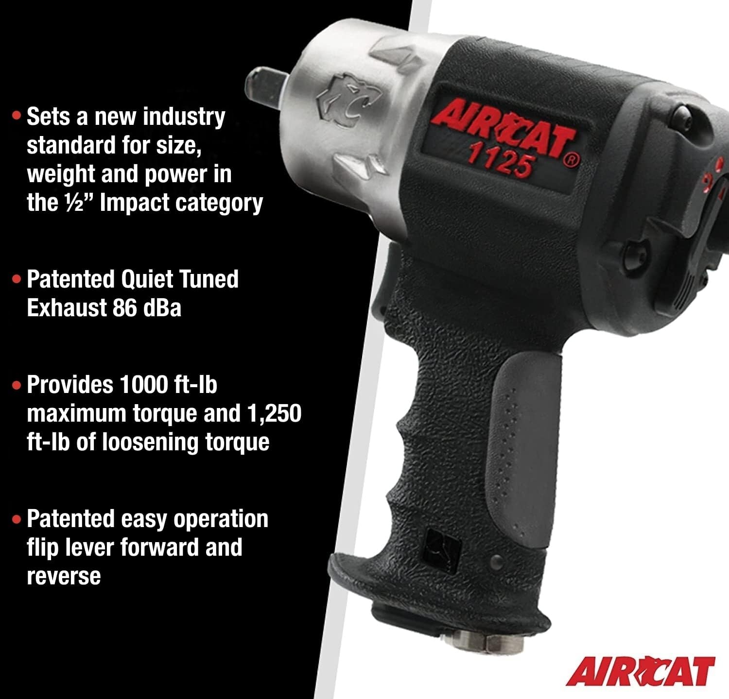 Aircat 1125 specs infographic - industry standard size/weight/power, 86 dBa quiet tuned exhaust, 1000 ft-lb max torque and 1250 ft-lb loosening torque