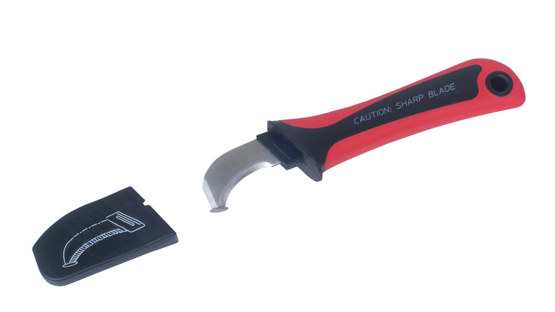 Lisle 11410 Cable Stripping Knife with protective cap removed, showing sickle hook-shaped stainless steel blade and double durometer red and black handle